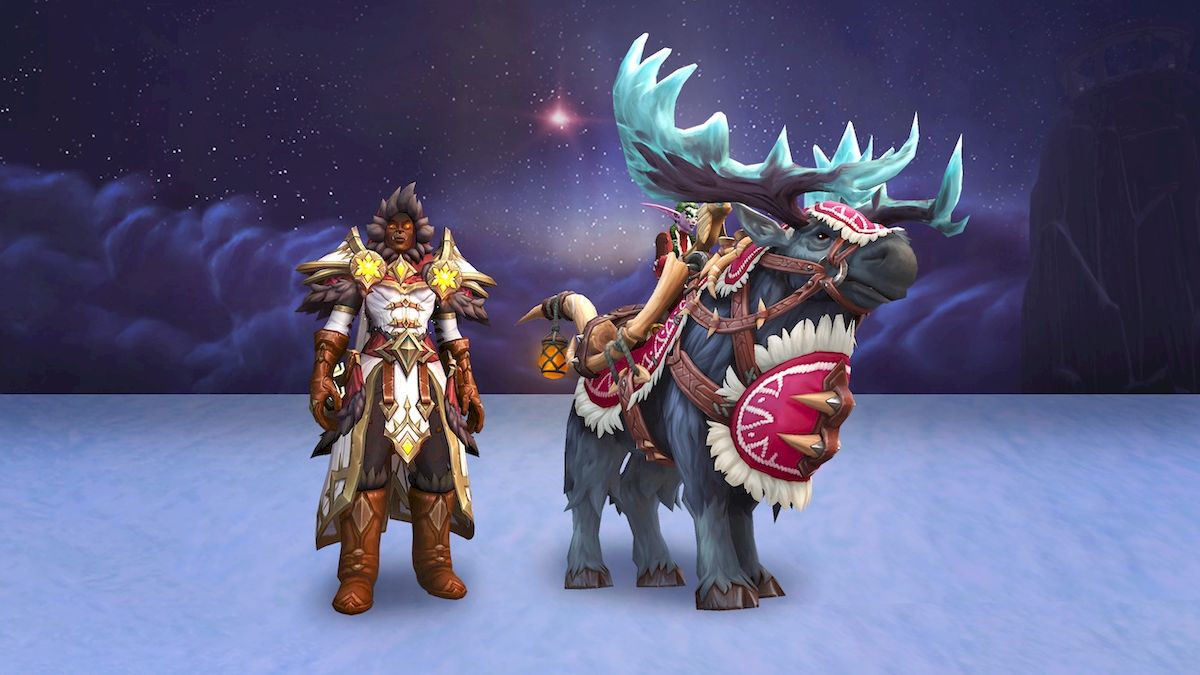 A dim and starry arctic landscape with a female Mag&apo;har orc in fur-lined winter armour in white, brown and gold, standing next to next to a female night elf riding an elk with grey fur and frosty antlers and red harness in a Tuskarr design with tusks and carved leather as part of the tack.